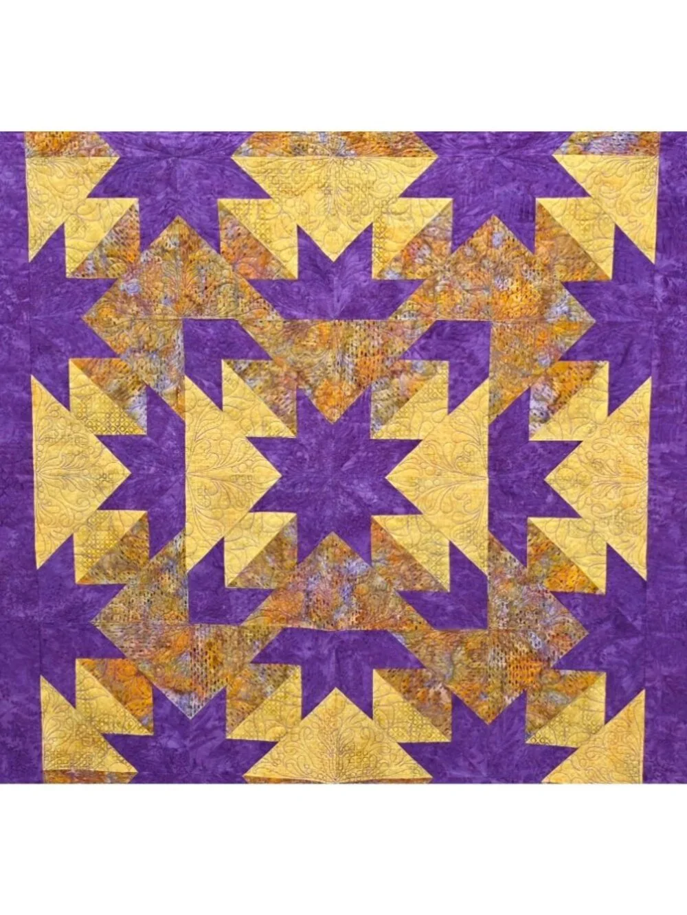 Patchwork 8 point Star Quilt 42x56 Purple Yellow Lap Throw Wall Machine Stitched